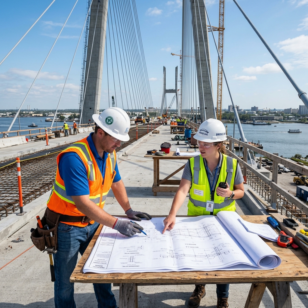 Engineers reviewing blueprints on site